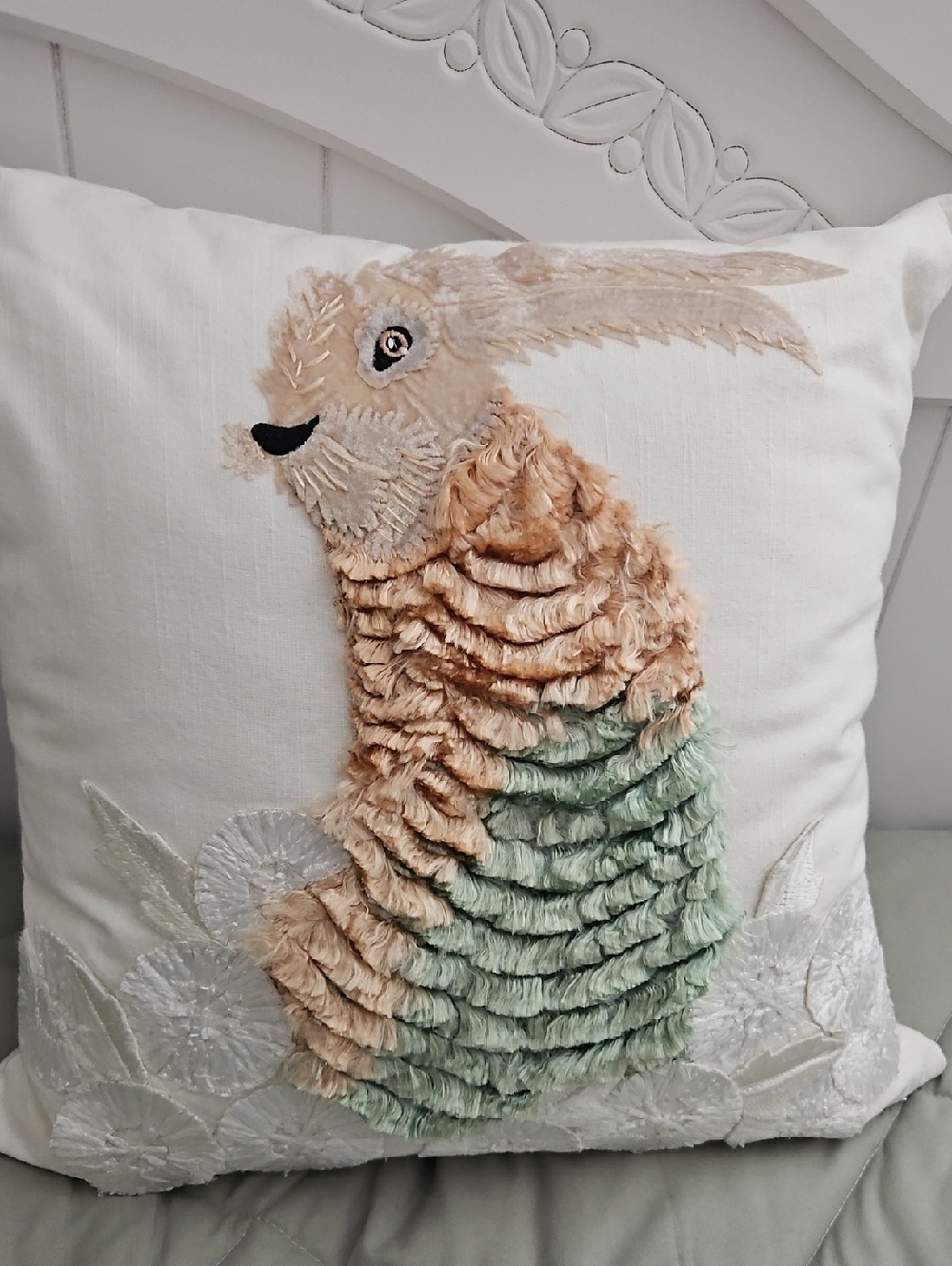 Anthropologie Soft Cream Decorative Bunny/Rabbit Pillow with Designer Label